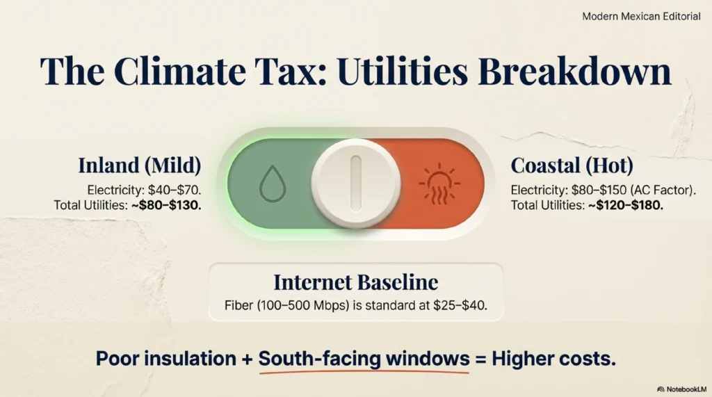 Utilities cost in Mexico inland vs coastal electricity air conditioning internet 2026