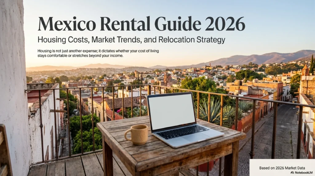 Expat working from a balcony overlooking a Mexican city — rent in Mexico guide 2026