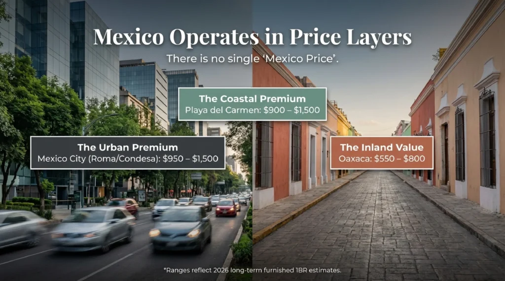 Split view of Mexico City and Oaxaca streets showing price layers of rent in Mexico