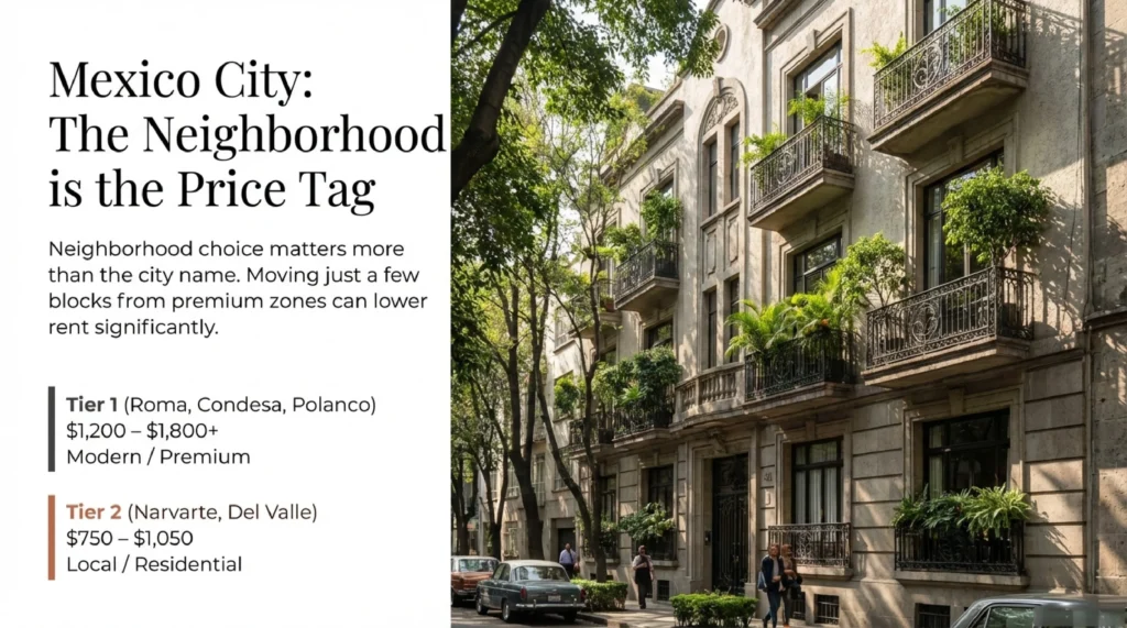 Tree-lined residential street in Mexico City — neighborhood tiers and rent in Mexico City