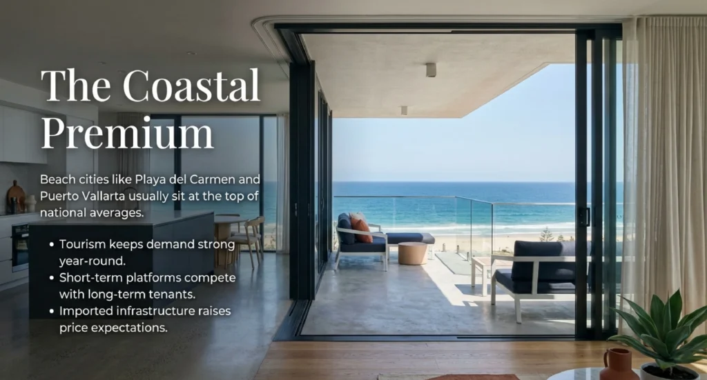 Modern beachfront apartment with ocean view — coastal premium and rent in Mexico beach cities