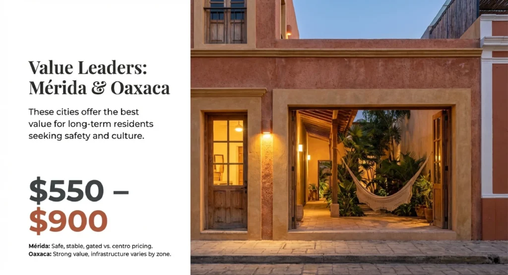 Warm lit doorway of a colonial home in Oaxaca — best value rent in Mexico in Mérida and Oaxaca