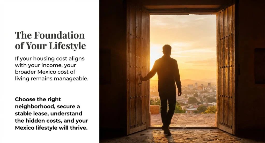 Man walking through open doors toward a Mexican cityscape at sunset — building a life around rent in Mexico