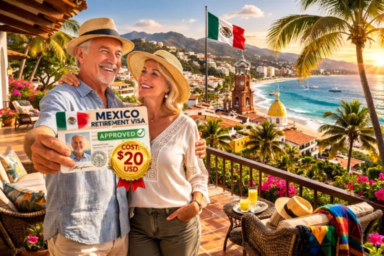 American retiree holding Mexico retirement visa with $20 cost on scenic villa balcony overlooking ocean view in Mexico