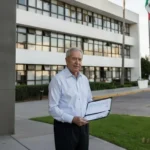 Mexico temporary resident visa income requirement 2026 showing American applicant with financial documents outside Mexican immigration office