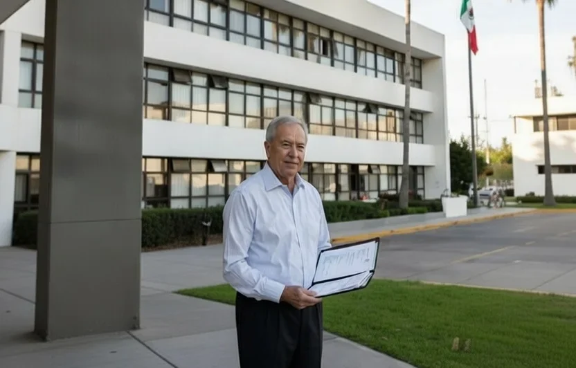 Mexico temporary resident visa income requirement 2026 showing American applicant with financial documents outside Mexican immigration office