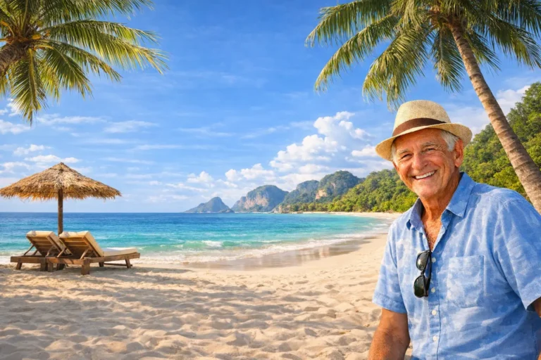 Smiling retired man enjoying a tropical Thailand beach – perfect retirement lifestyle destination. 🌴