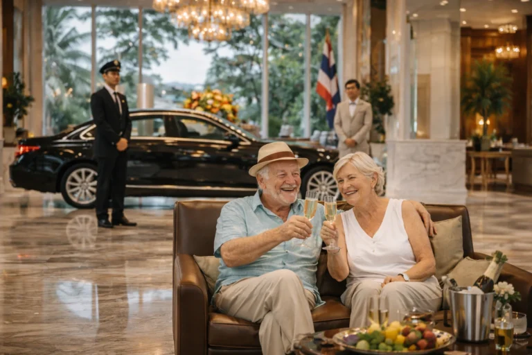 Luxury Thailand Elite Visa lifestyle scene inside a five-star Bangkok hotel lobby – retired American couple enjoying premium long-term residency with VIP services, private driver, high-end living, and exclusive benefits.