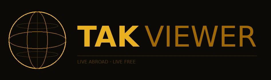 TAKVIEWER logo — minimalist gold globe icon with TAK bold and VIEWER light typography, expat retirement living abroad for Americans, black background