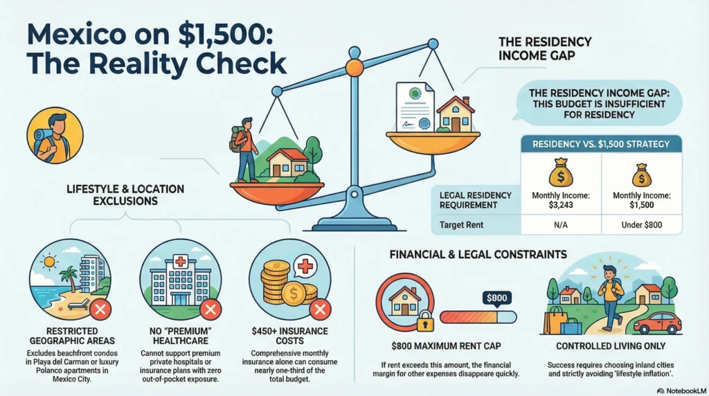 Example $1,500 monthly budget breakdown for a single person living in an inland Mexican city, showing $600 rent, $100 utilities and internet, $300 groceries, $75 transportation, $250 healthcare reserve or insurance, and $175 miscellaneous expenses, totaling $1,500; suitable for cities like Mérida, Oaxaca, Puebla, or Querétaro but not luxury areas of Mexico City or upscale beach neighborhoods, with a note to visit the Taxes & Financial hub for deeper tax considerations.
