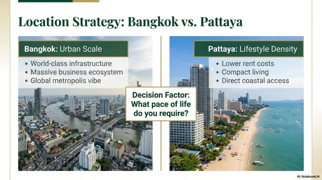 Split cityscape image comparing Bangkok skyline with Pattaya beachfront skyline, highlighting urban high-rises versus coastal city living in Thailand.