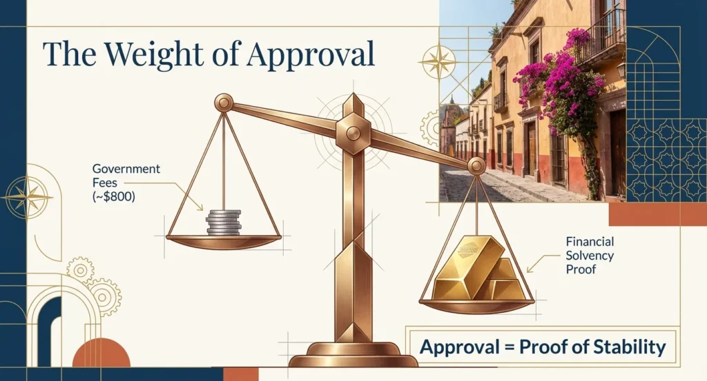 Balance scale weighing government fees against financial solvency proof — true cost of Mexico retirement visa beyond rent in Mexico