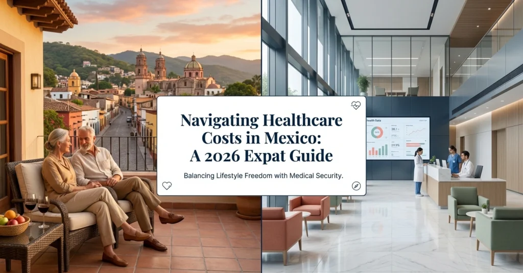 Expat couple enjoying retirement in Mexico with private hospital in background - healthcare costs guide 2026