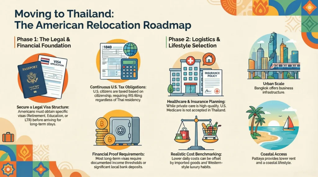 Infographic showing the full Thailand relocation path for Americans, including visa options, cost of living, healthcare, taxes, city comparison, and retirement planning steps.