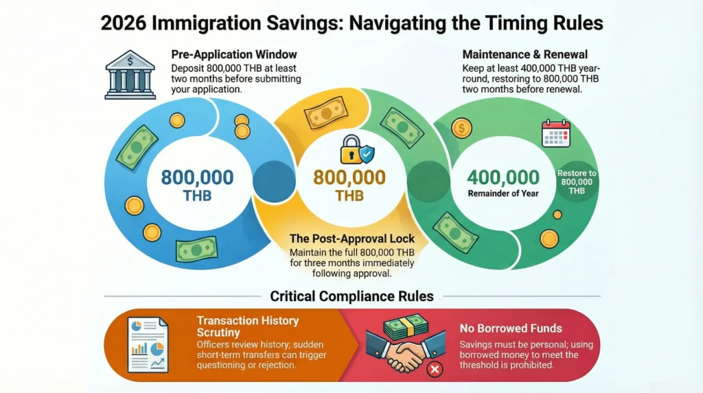 "A chronological timeline titled 'The 800,000 THB Savings Seasoning Rules' for the Thailand retirement visa. The graphic visualizes four mandatory phases: 1. Pre-Application: Deposit 800,000 THB at least 2 months before applying. 2. Post-Approval: Maintain the full 800,000 THB for 3 months after the visa is granted. 3. Annual Maintenance: Ensure the balance never drops below 400,000 THB for the remainder of the year. 4. Renewal Cycle: Restore the balance to 800,000 THB 2 months before the next renewal,. A warning note highlights that borrowed funds are strictly prohibited and immigration officers will audit the account’s transaction history for sudden, unexplained transfers
