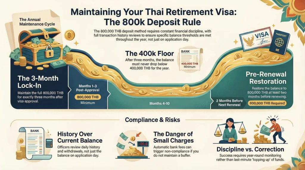 A professional timeline titled 'The 800,000 THB Deposit Compliance Cycle' for Thailand retirement visa holders. It visualizes the mandatory financial phases:
1. Months 1–3 After Approval: The full 800,000 THB must remain in the account without exception.
2. Maintenance Phase: The balance can be reduced but must never fall below 400,000 THB for the remainder of the year.
3. Renewal Countdown: The balance must be restored to 800,000 THB at least 2 months before the next application. A warning box explains that immigration officers audit the full transaction history, not just the final balance, and any dip below the thresholds—even due to small bank fees—can result in visa denial
