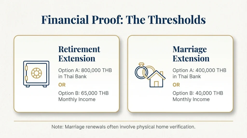  A slide detailing the two main paths for a retirement extension: either maintaining 800,000 THB in a Thai bank or proving a monthly income of at least 65,000 THB.
