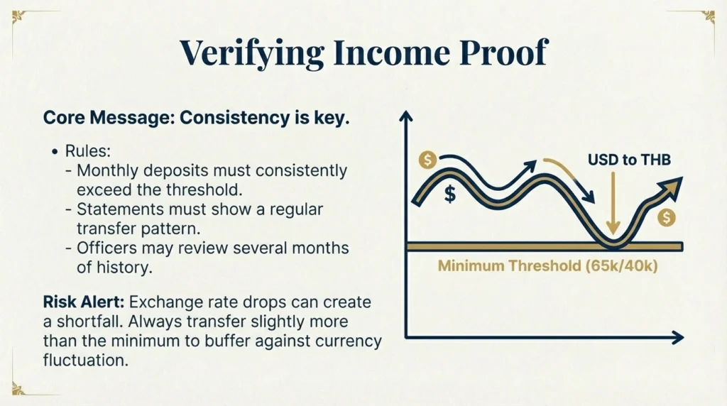 This slide explains that for those qualifying by income, deposits must consistently exceed the 65,000 THB threshold. It warns that exchange rate drops can create a shortfall, potentially leading to denial.
