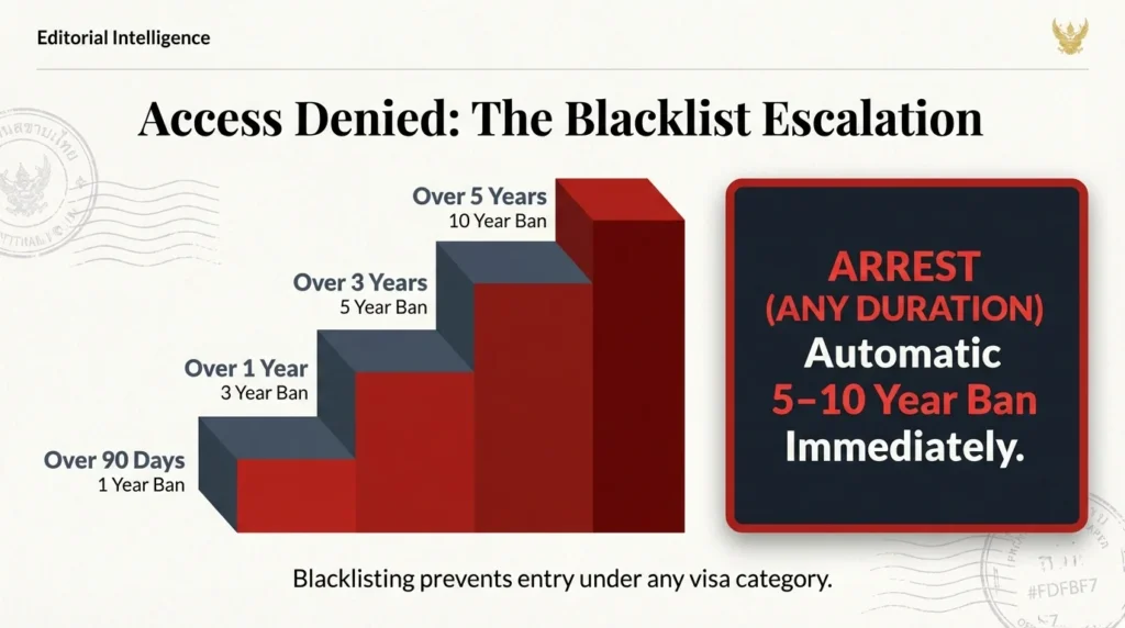 Thailand overstay blacklist escalation chart showing bans based on number of overstay days