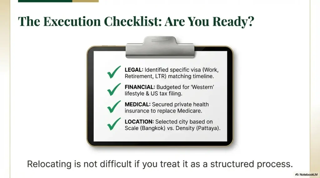 Relocation readiness checklist on a clipboard with marked checkboxes, passport and travel documents beside it, symbolizing preparation for moving to Thailand from the USA.