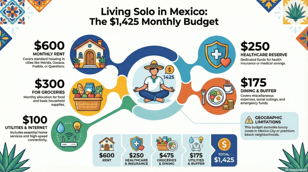 Cost of living comparison chart for U.S. vs. Mexico showing monthly groceries ($400–$600 vs. $200–$350), mid-range dining costs ($25–$40 vs. $10–$20), estimated transportation at $50–$100 per month, and healthcare expenses including $30–$60 doctor visits and approximately $457 monthly international insurance premiums, with notes on managing coverage within a $1,500 retirement budget in Mexico.
