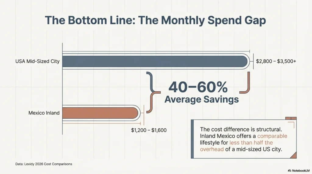 Is Mexico cheaper than USA - monthly spend gap 40 to 60 percent average savings 2026