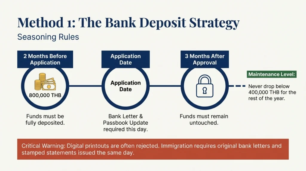 The Bank Deposit Method (Option 1): Details on the requirement to keep 800,000 THB (~$22,500 USD) in a Thai bank account; it must stay for 3 months after approval and never drop below 400,000 THB thereafter.