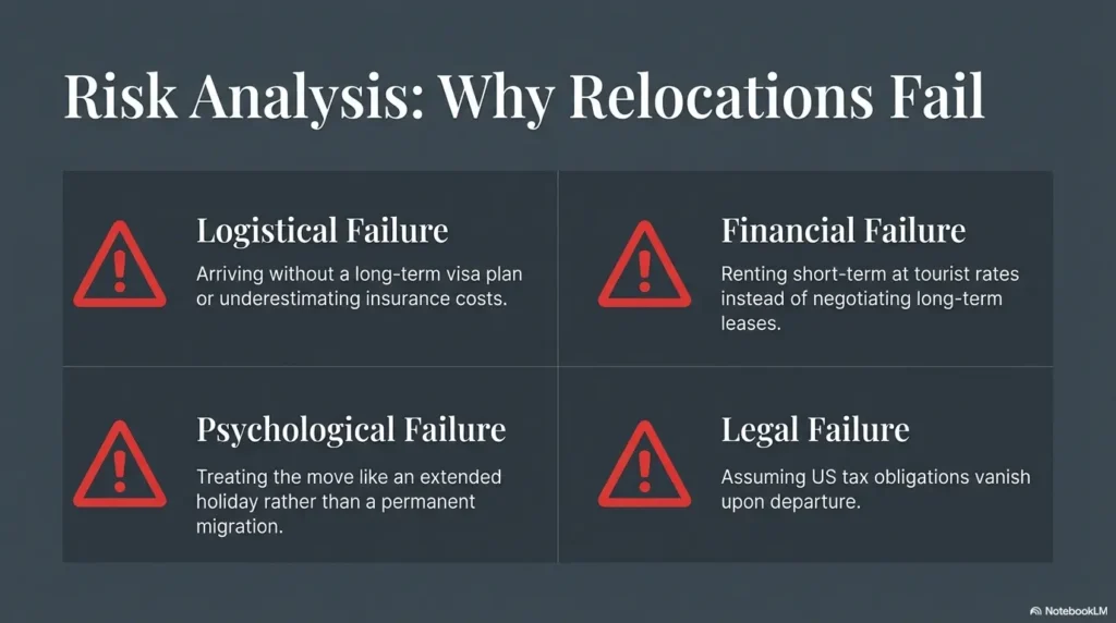 Concept image showing a frustrated expat sitting with paperwork and bills, text overlay reading “Why Moving to Thailand Fails,” symbolizing common relocation mistakes and visa or financial problems.