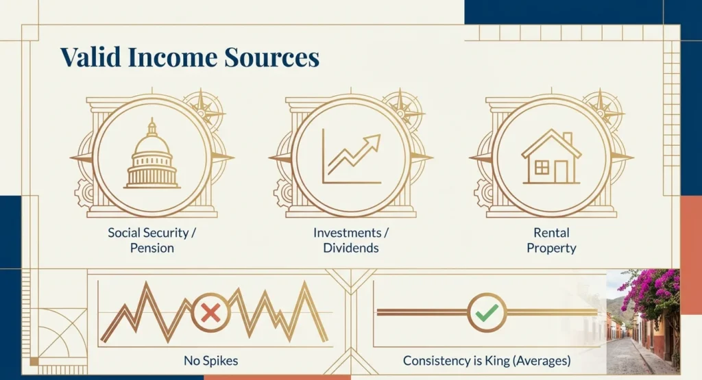 Icons showing valid income sources for Mexico retirement visa — Social Security, investments, and rental property rent in Mexico