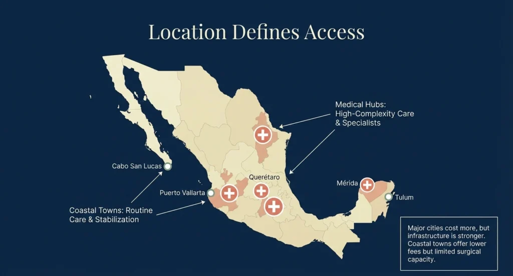 Map of Mexico showing medical hubs and coastal towns - healthcare access by location for expats 2026