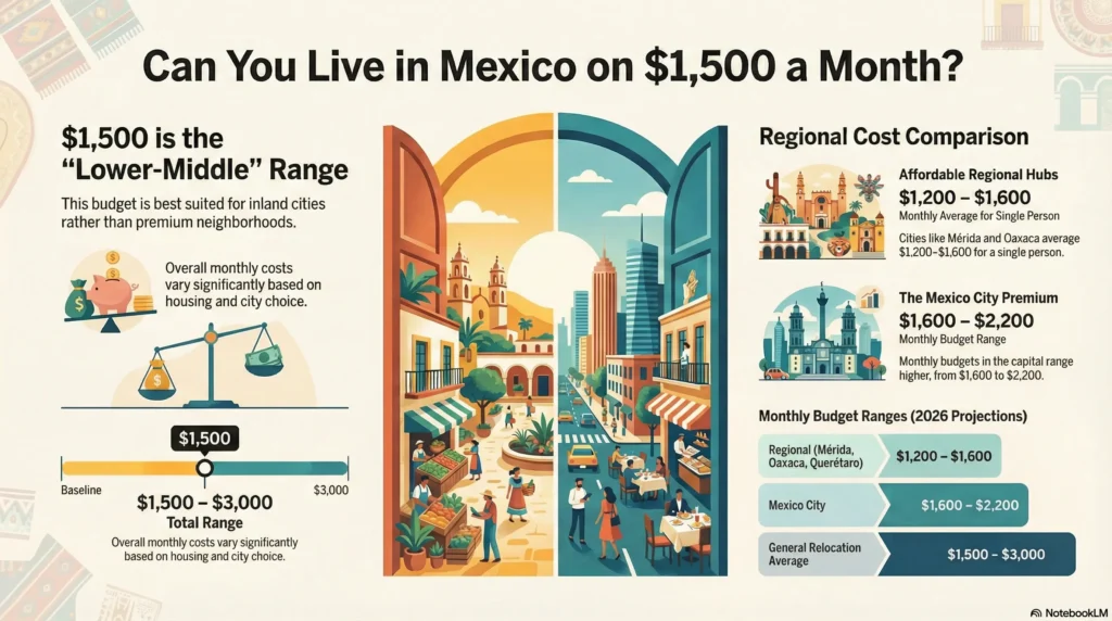 Infographic titled "Can You Live in Mexico on $1,500 a Month?" showing regional cost comparisons for expats relocating to Mexico. Highlights affordable cities like Mérida and Oaxaca at $1,200–$1,600/month for a single person, Mexico City at $1,600–$2,200/month, and a general relocation average of $1,500–$3,000/month based on 2026 projections.