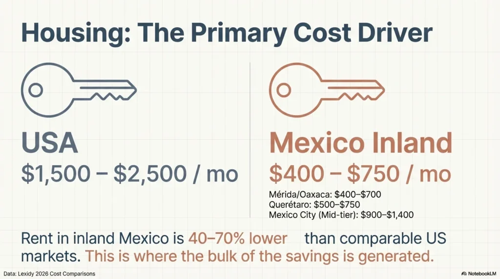 Mexico vs USA rent comparison 2026 - inland Mexico $400-$750 vs USA $1500-$2500 per month