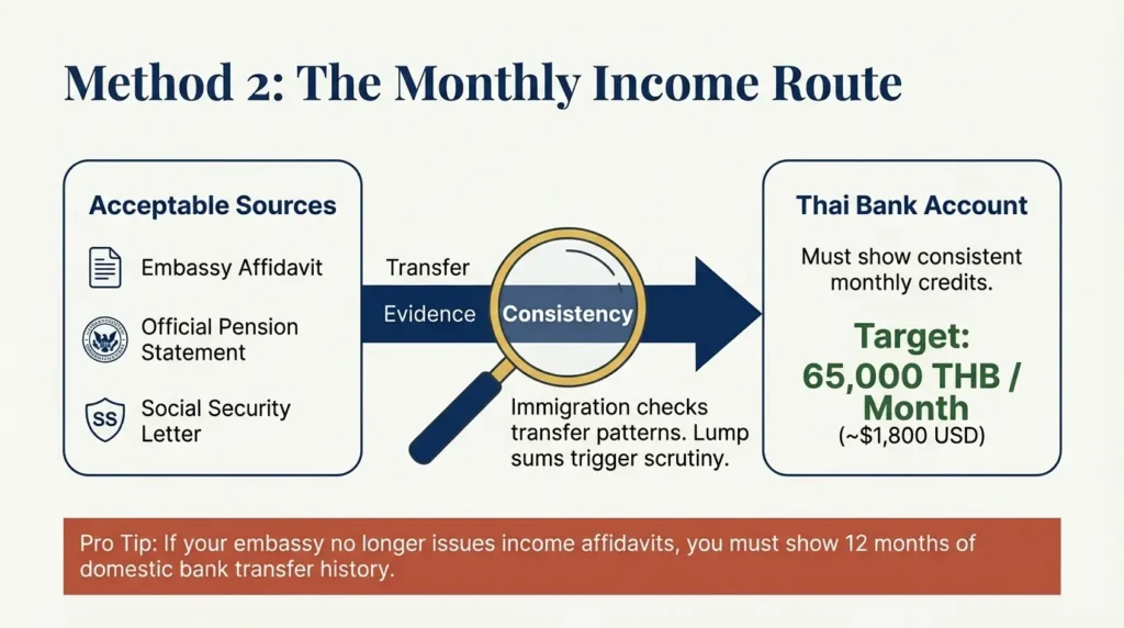 The Monthly Income Method (Option 2): Description of the requirement to prove a monthly income of at least 65,000 THB (~$1,800 USD) through pension statements or Social Security letters