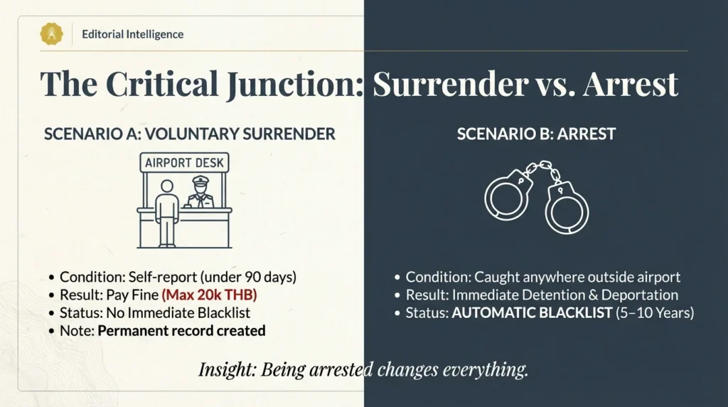 Thailand visa overstay fine comparison – surrender vs arrest procedure at Thai immigration (2026)