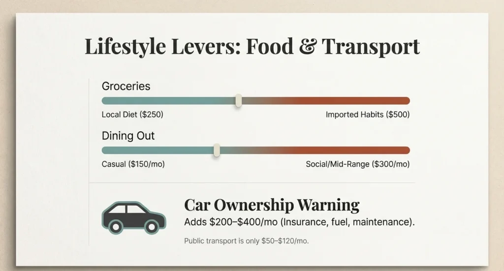 Food and transportation costs moving to Mexico 2026 - local diet vs imported habits car ownership warning