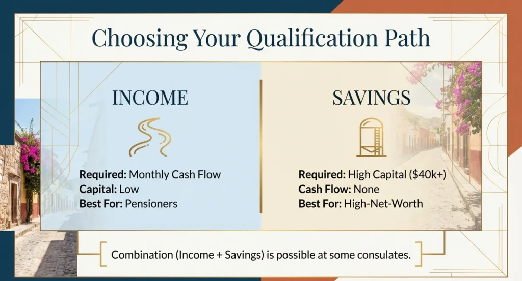 Side-by-side comparison of income vs savings qualification — choosing the right path for Mexico retirement visa alongside rent in Mexico budget