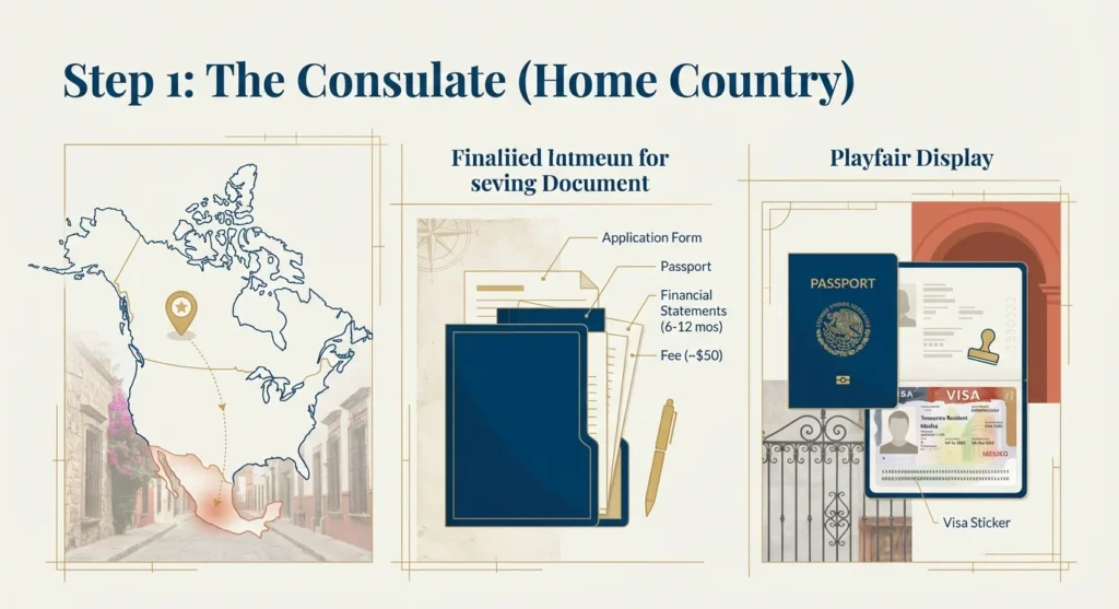 US to Mexico map with passport and visa documents — consulate application step for Mexico retirement visa and rent in Mexico relocation