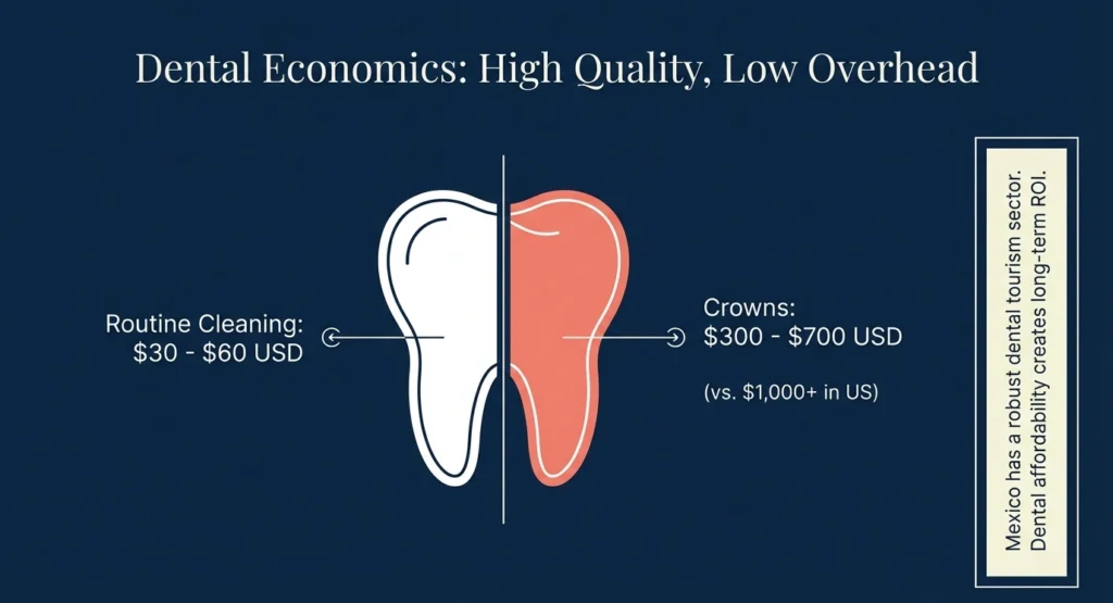 Dental costs in Mexico 2026 - routine cleaning $30-$60 crowns $300-$700 vs $1000 in USA