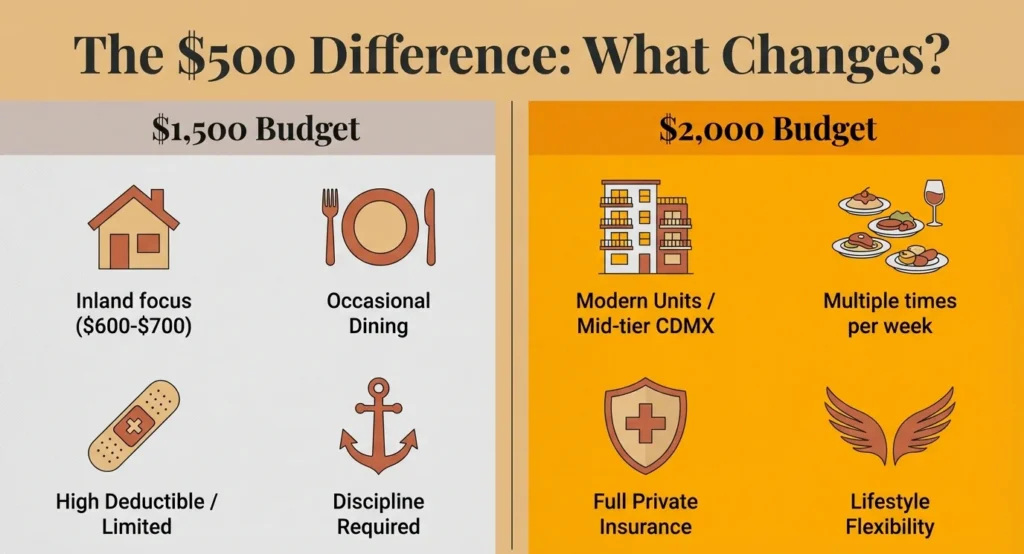Side-by-side comparison showing what changes between a $1,500 and $2,000 monthly expat budget in Mexico: $2,000 supports modern housing, full private insurance, multiple weekly dining out, and lifestyle flexibility versus the discipline-required $1,500 budget.