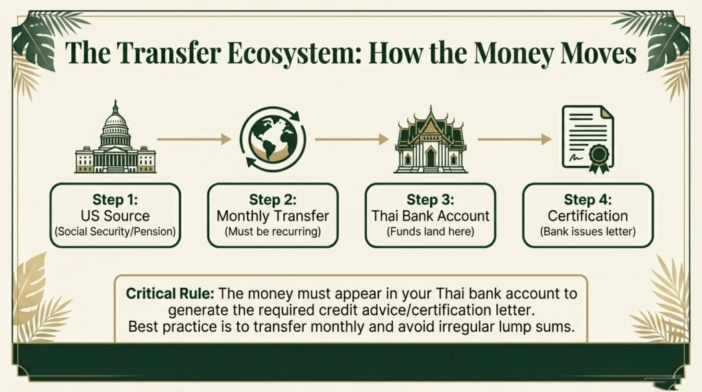 A 4-step process diagram titled 'The Transfer Ecosystem: How the Money Moves' for retirees in Thailand. Step 1: Receive funds from a US source (Social Security/Pension). Step 2: Perform a recurring monthly transfer. Step 3: Deposit funds into a Thai bank account. Step 4: Obtain a bank certification letter,. The graphic emphasizes a 'Critical Rule': money must land in a Thai bank account to generate the necessary credit advice for visa extension, advising against irregular lump sums