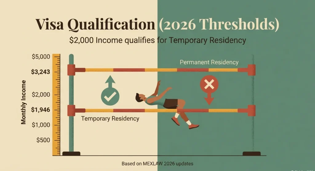 Visual chart showing Mexico visa income thresholds for 2026: a $2,000 monthly income qualifies for Temporary Residency at the $1,946 threshold but falls short of the $3,243 required for Permanent Residency, based on MEXLAW 2026 updates.