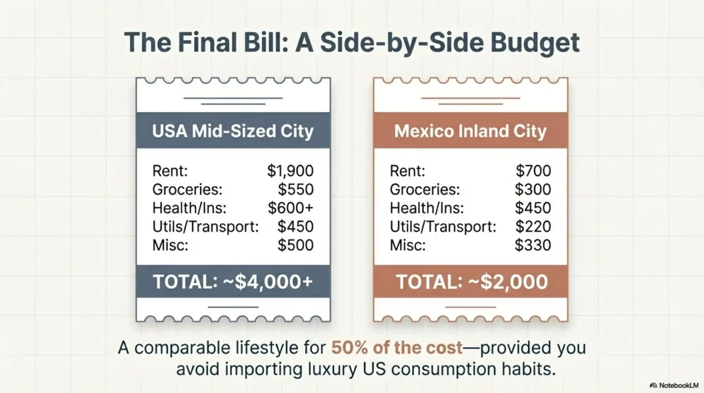 Retire in Mexico vs USA monthly budget comparison - $2000 Mexico vs $4000 USA side by side