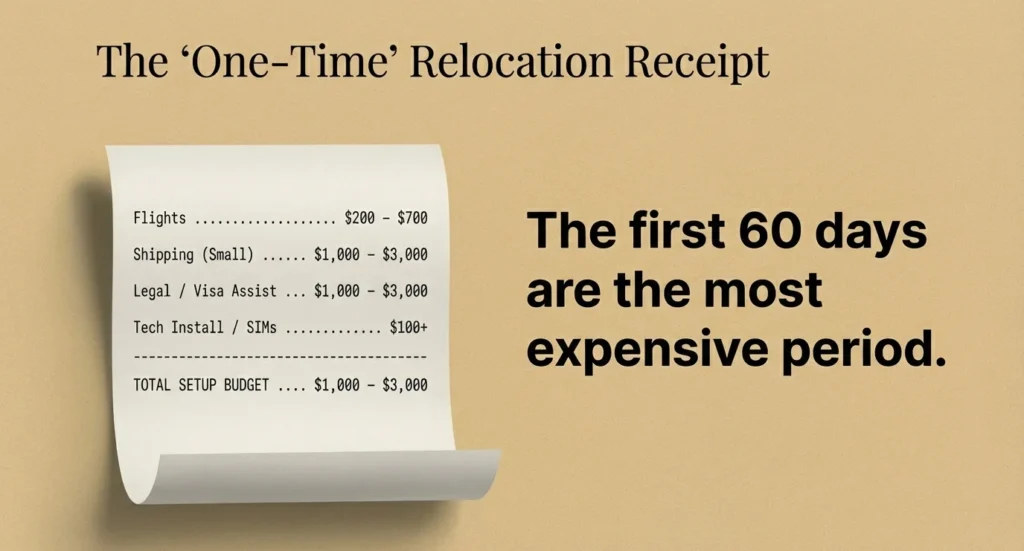 One time relocation expenses moving to Mexico - flights shipping visa fees setup costs 2026