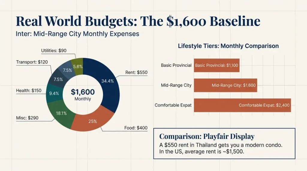 Realistic Monthly Living Budgets: A breakdown of three lifestyle tiers, starting from a basic provincial budget of $1,100 up to a comfortable expat budget of $2,400.