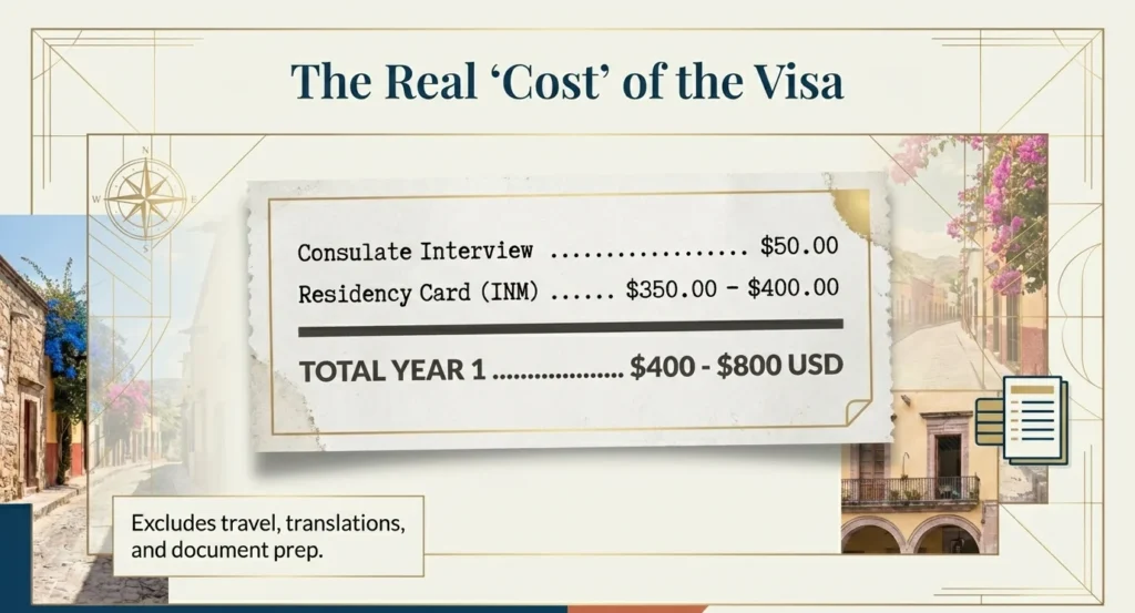 Itemized receipt showing Mexico retirement visa costs year one — total government fees before planning rent in Mexico
