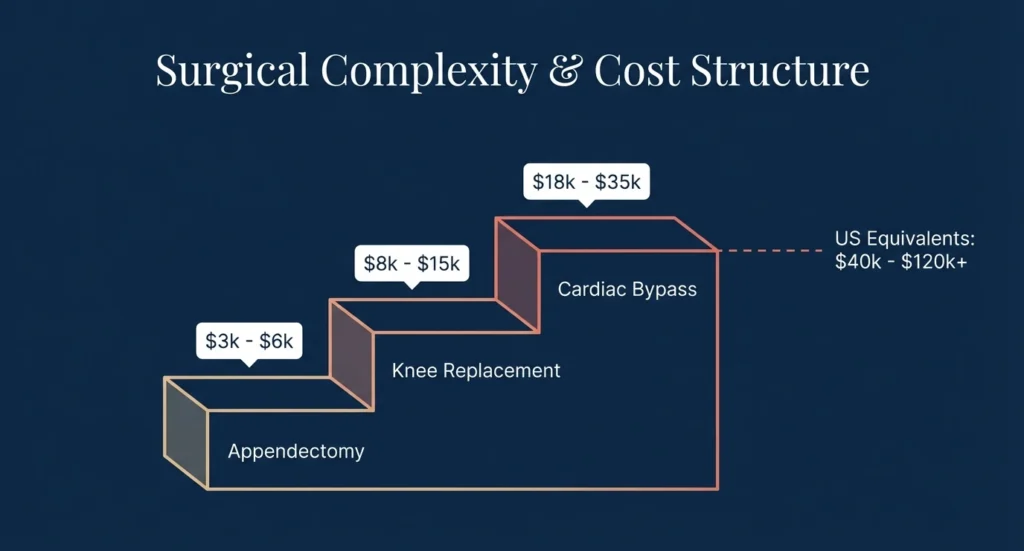 Surgery costs in Mexico 2026 - appendectomy knee replacement cardiac bypass vs US prices