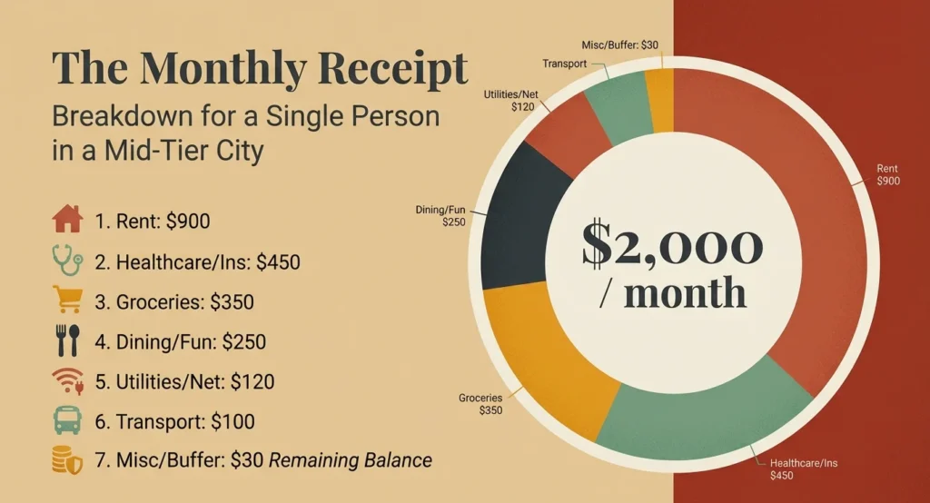 Monthly budget breakdown for a single person living comfortably in Mexico on $2,000 a month in a mid-tier city: rent $900, healthcare and insurance $450, groceries $350, dining and entertainment $250, utilities and internet $120, transportation $100, and miscellaneous buffer $30.