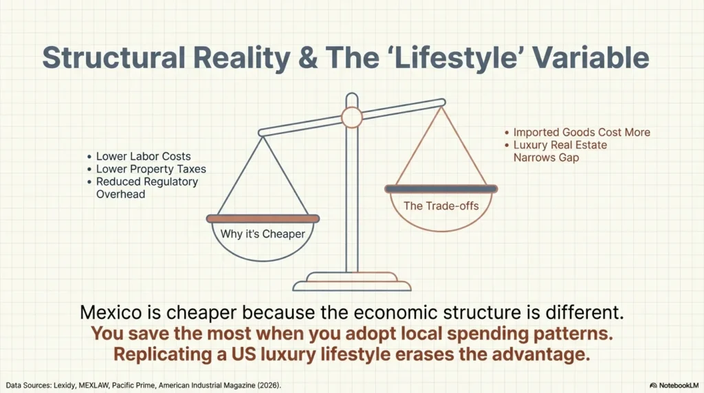 Why Mexico is cheaper than USA - lower labor costs property taxes vs imported goods tradeoffs