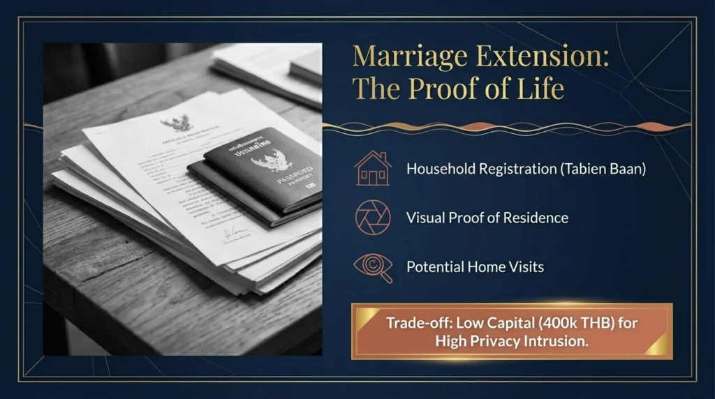 Thai marriage visa extension financial requirements showing 400,000 THB bank deposit or 40,000 THB monthly income for annual renewal in Thailand