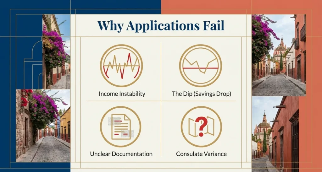 Infographic of four visa rejection reasons — why Mexico retirement visa applications fail before rent in Mexico begins